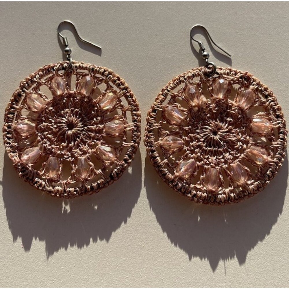 Vintage Crocheted Women’s Hook Earrings Mandela Boho Design Warm Rose Glass